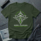Green t-shirt with geometric diamond frame circuit board UAP UFO schematic design in white and green with NON-HUMAN TECHNOLOGY text