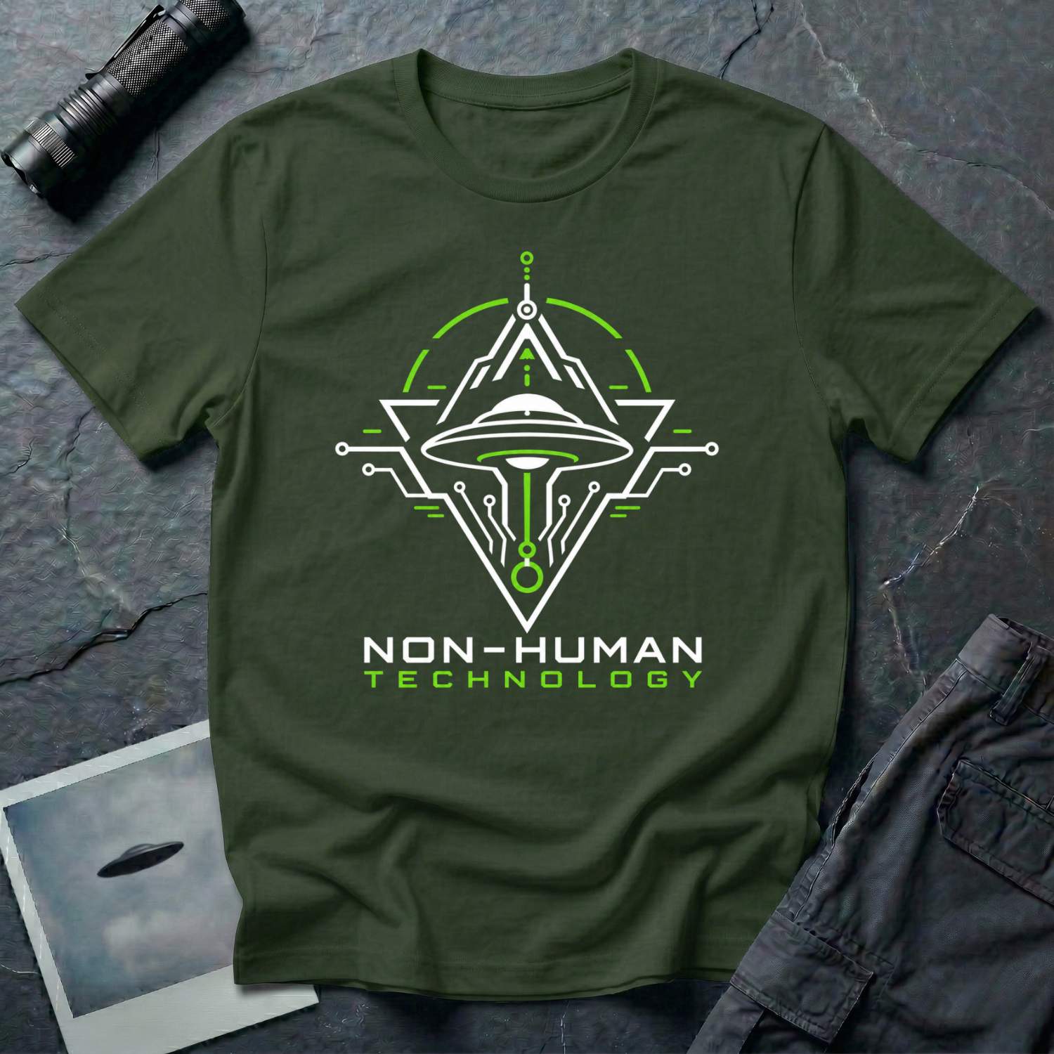 Green t-shirt with geometric diamond frame circuit board UAP UFO schematic design in white and green with NON-HUMAN TECHNOLOGY text