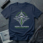 Navy blue t-shirt with geometric diamond frame circuit board UAP UFO schematic design in white and green with NON-HUMAN TECHNOLOGY text