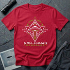 Red t-shirt with geometric diamond frame circuit board UAP UFO schematic design in white and green with NON-HUMAN TECHNOLOGY text