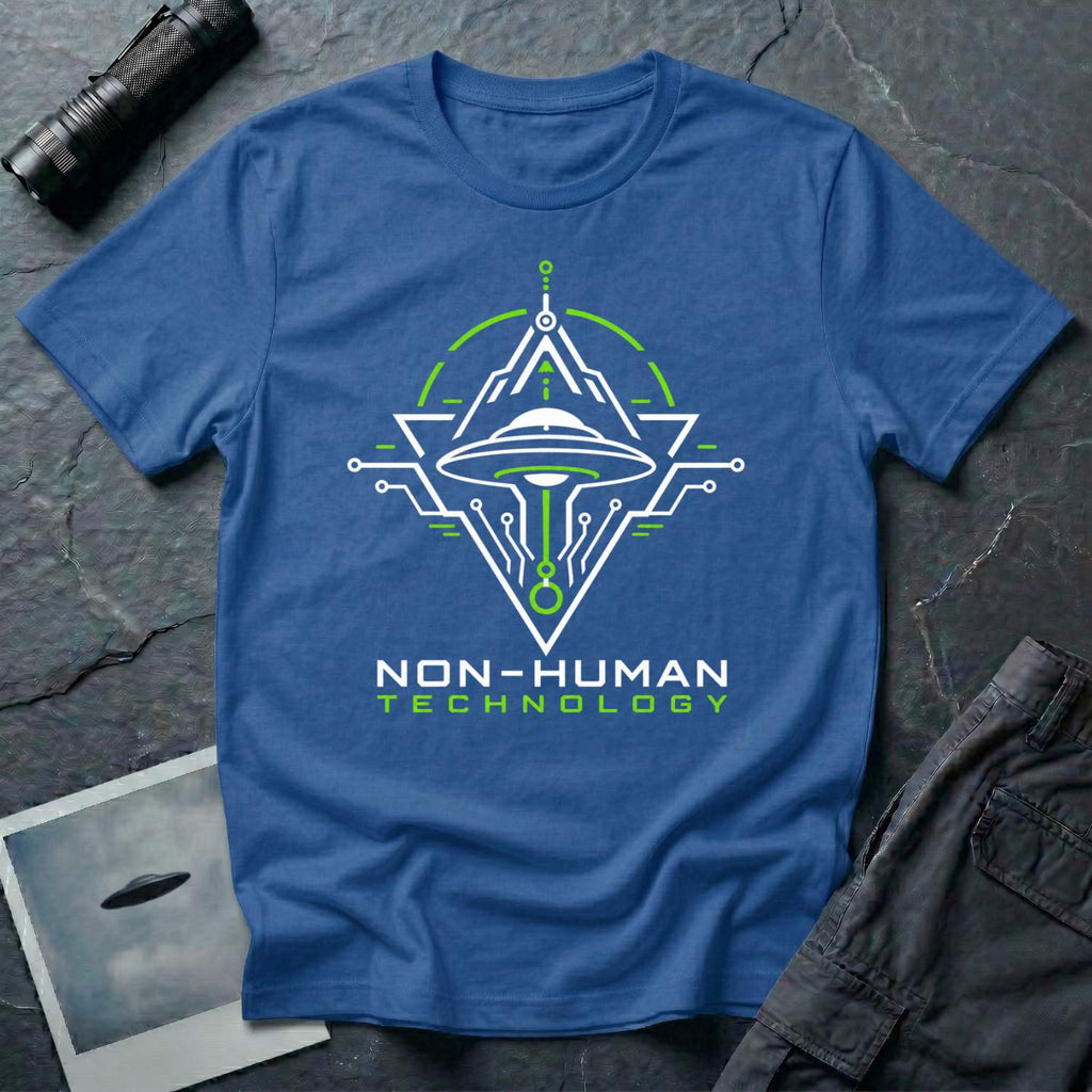 Blue t-shirt with geometric diamond frame circuit board UAP UFO schematic design in white and green with NON-HUMAN TECHNOLOGY text