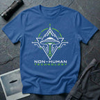 Blue t-shirt with geometric diamond frame circuit board UAP UFO schematic design in white and green with NON-HUMAN TECHNOLOGY text