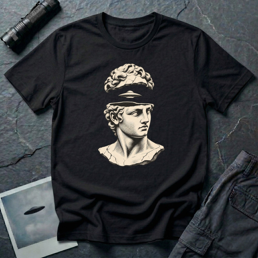 Classical marble bust with the top of the head lifted to reveal a UFO emerging, in cream engraving linework on a black t-shirt