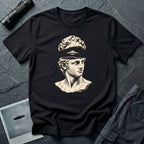 Classical marble bust with the top of the head lifted to reveal a UFO emerging, in cream engraving linework on a black t-shirt
