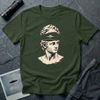 Classical marble bust with the top of the head lifted to reveal a UFO emerging, in cream engraving linework on a military green t-shirt