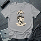 Classical marble bust with the top of the head lifted to reveal a UFO emerging, in cream engraving linework on a grey t-shirt
