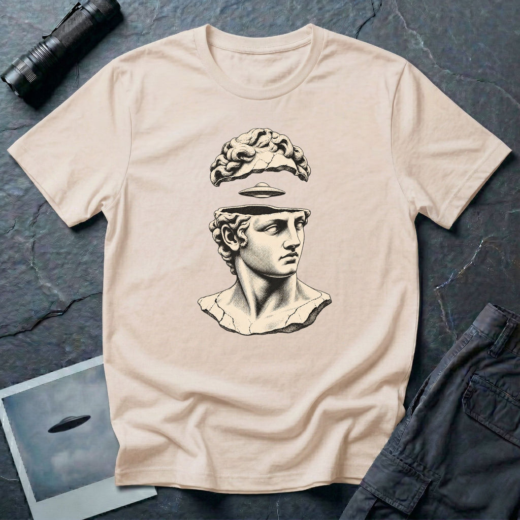 Classical marble bust with the top of the head lifted to reveal a UFO emerging, in cream engraving linework on a natural t-shirt