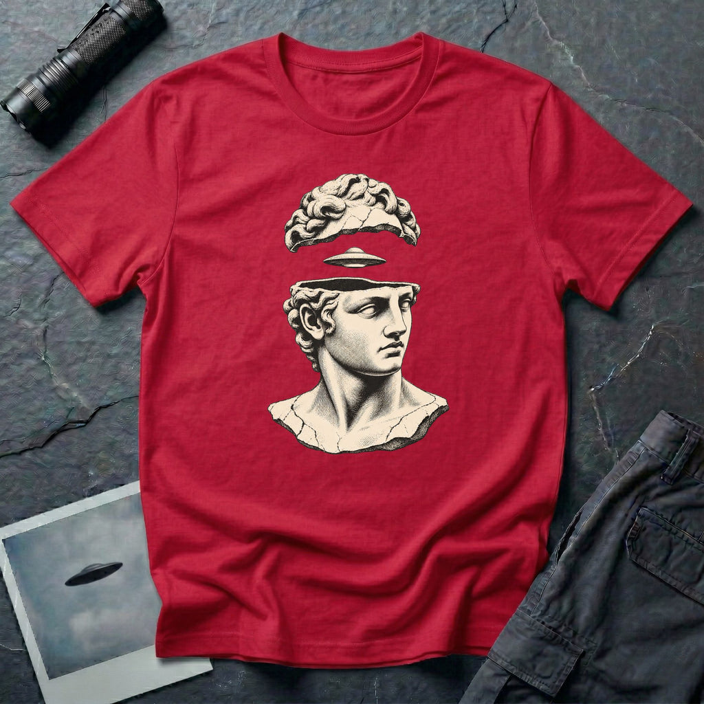 Classical marble bust with the top of the head lifted to reveal a UFO emerging, in cream engraving linework on a red t-shirt