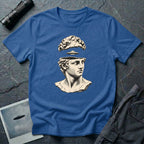 Classical marble bust with the top of the head lifted to reveal a UFO emerging, in cream engraving linework on a royal blue t-shirt