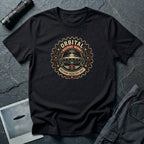 Orbital Machine Works UFO patch t-shirt with riveted saucer in vintage gear wheel emblem, black