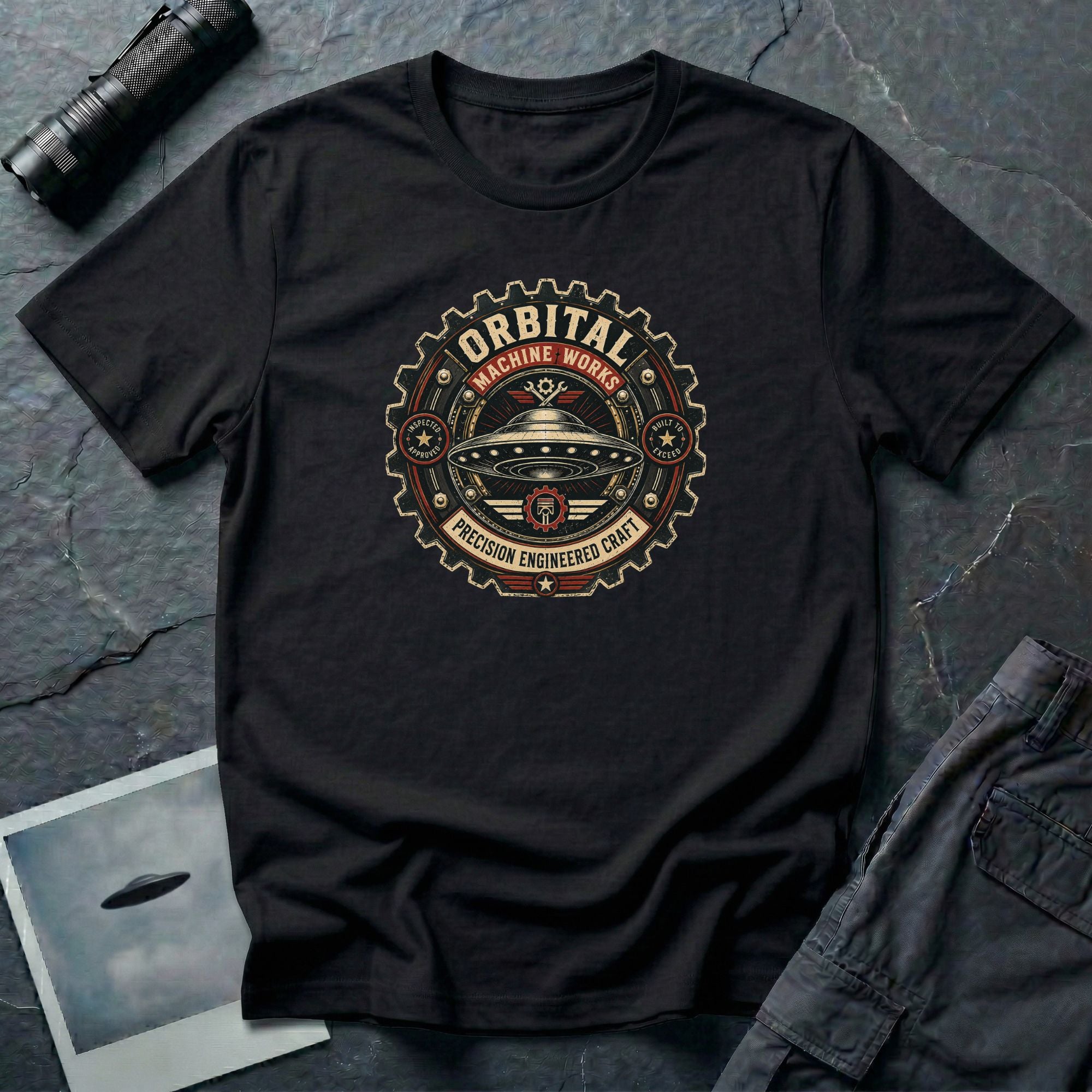 Orbital Machine Works UFO patch t-shirt with riveted saucer in vintage gear wheel emblem, black