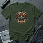 Orbital Machine Works UFO patch t-shirt with riveted saucer in vintage gear wheel emblem, military green