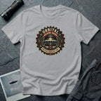 Orbital Machine Works UFO patch t-shirt with riveted saucer in vintage gear wheel emblem, grey