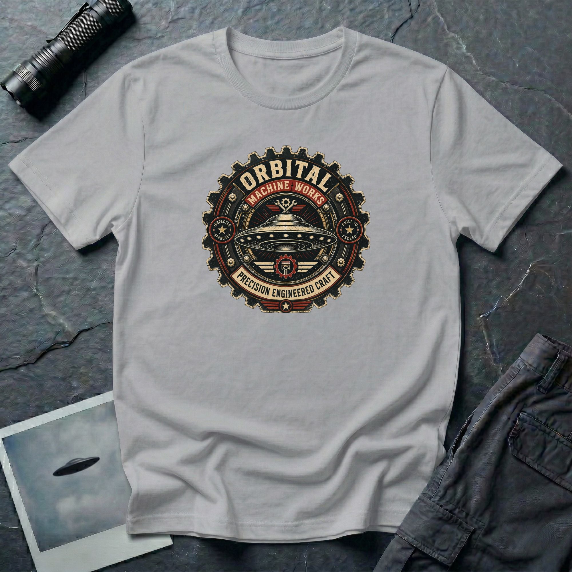Orbital Machine Works UFO patch t-shirt with riveted saucer in vintage gear wheel emblem, grey