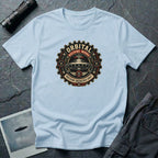 Orbital Machine Works UFO patch t-shirt with riveted saucer in vintage gear wheel emblem, light blue
