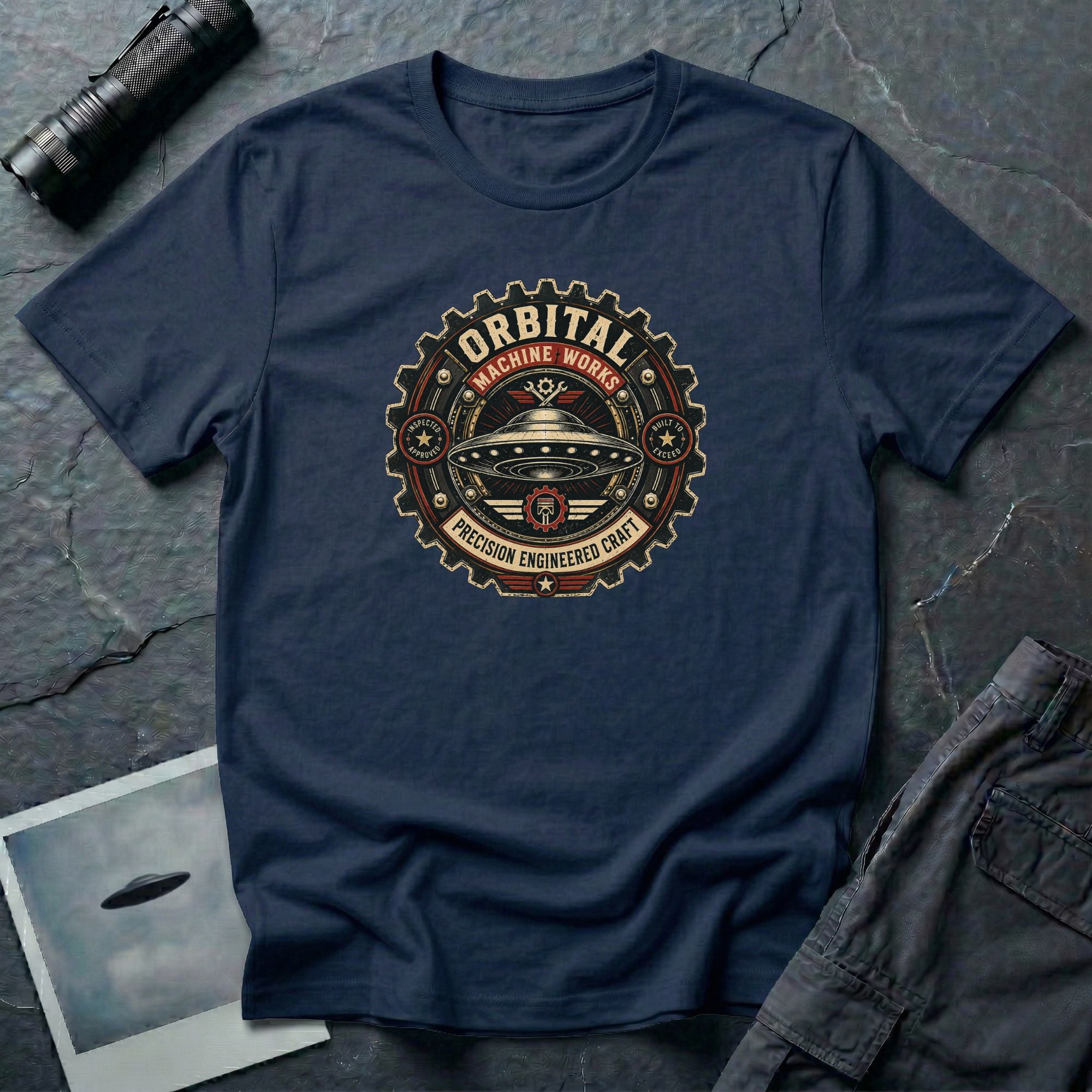 Orbital Machine Works UFO patch t-shirt with riveted saucer in vintage gear wheel emblem, navy blue