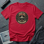 Orbital Machine Works UFO patch t-shirt with riveted saucer in vintage gear wheel emblem, red