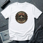 Orbital Machine Works UFO patch t-shirt with riveted saucer in vintage gear wheel emblem, white