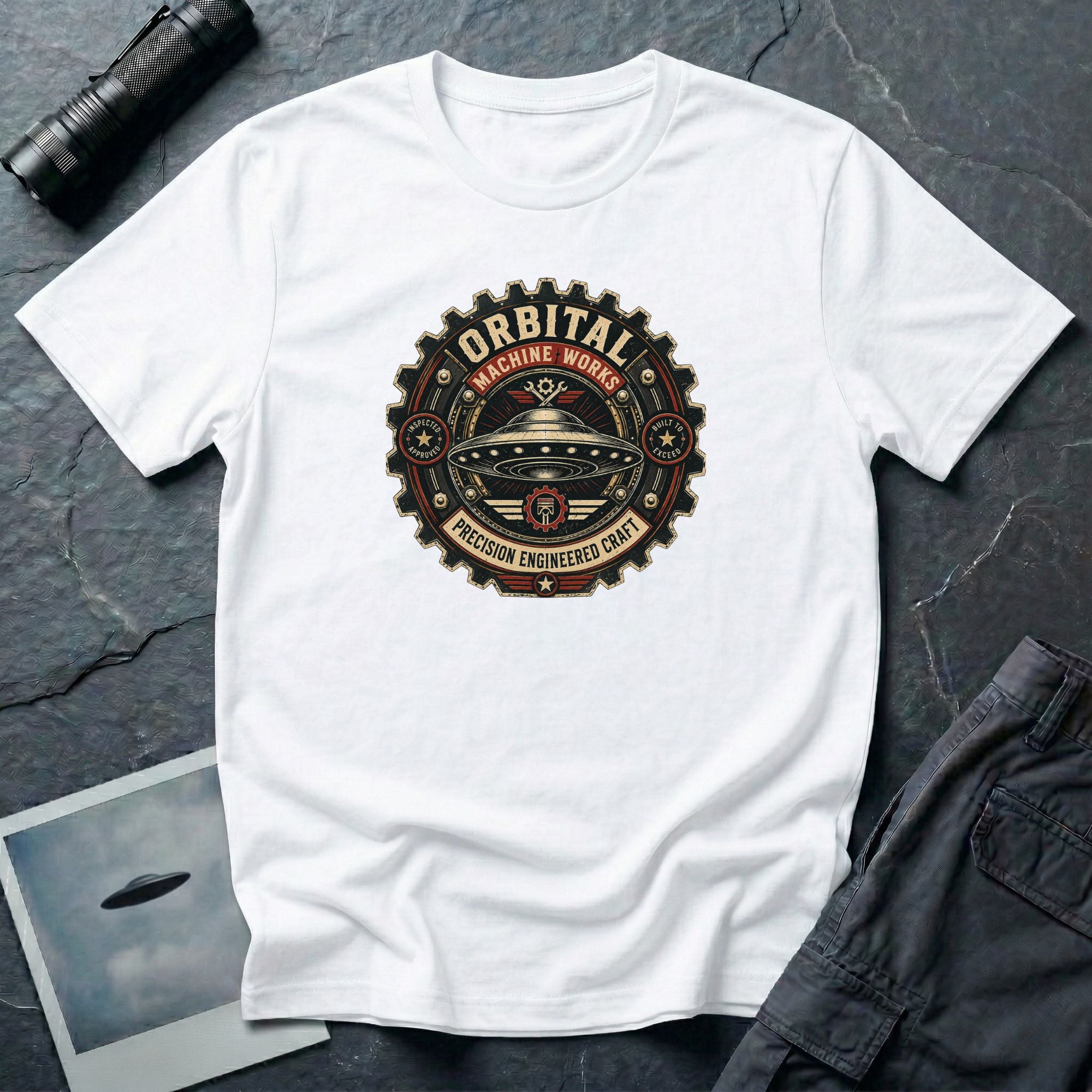 Orbital Machine Works UFO patch t-shirt with riveted saucer in vintage gear wheel emblem, white