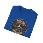 Orbital Machine Works UFO patch t-shirt with riveted saucer in vintage gear wheel emblem, folded, royal blue