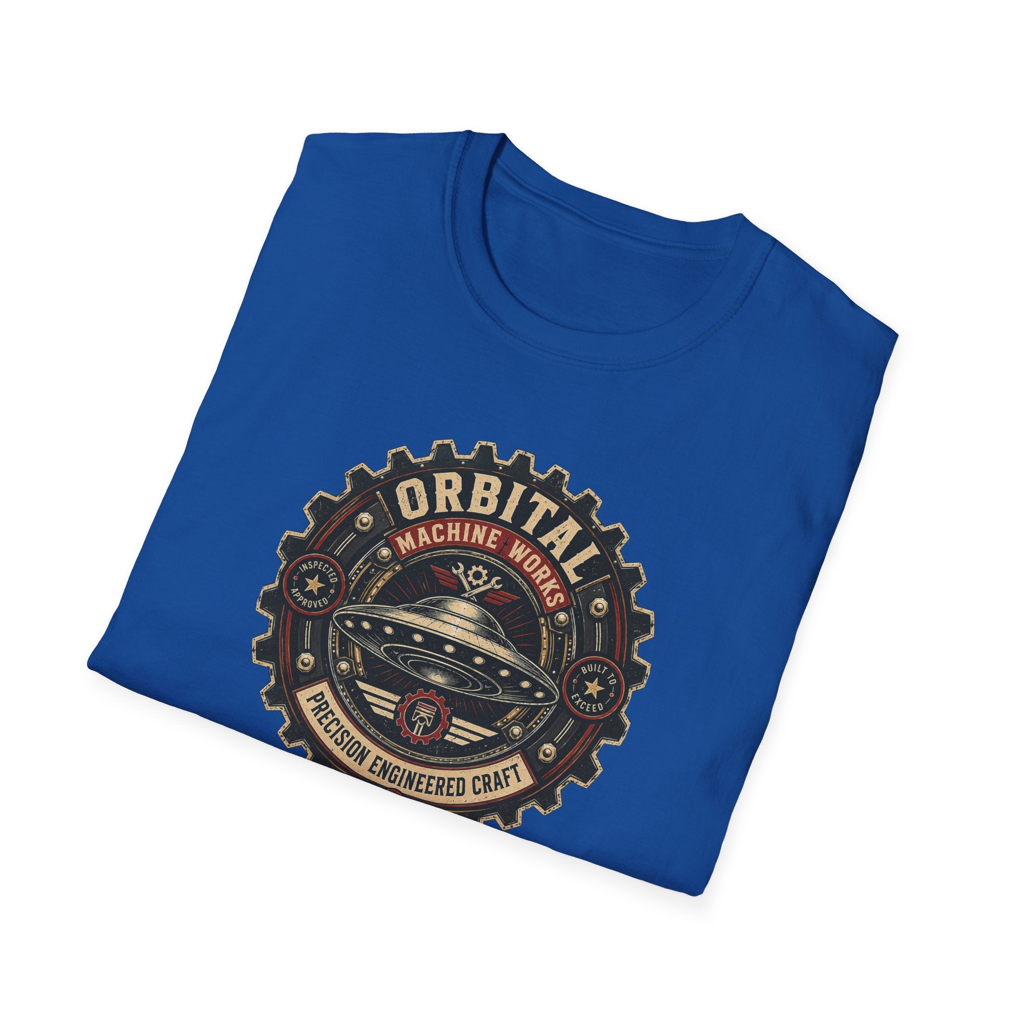 Orbital Machine Works UFO patch t-shirt with riveted saucer in vintage gear wheel emblem, folded, royal blue