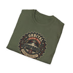 Orbital Machine Works UFO patch t-shirt with riveted saucer in vintage gear wheel emblem, folded, military, green
