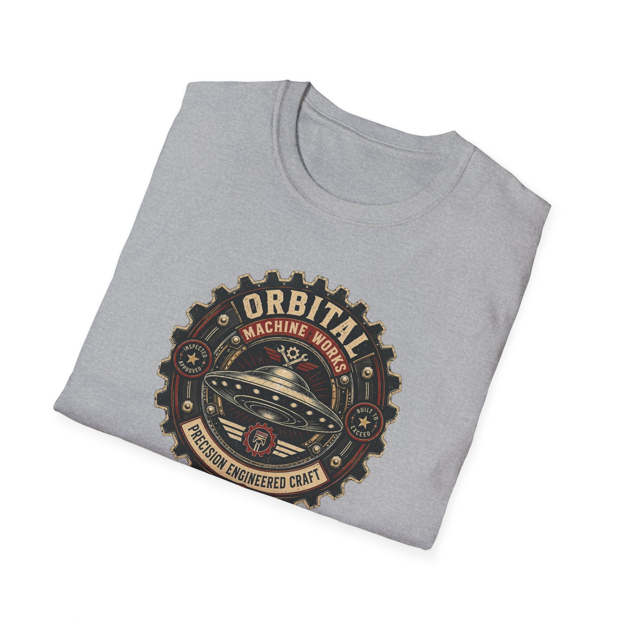 Orbital Machine Works UFO patch t-shirt with riveted saucer in vintage gear wheel emblem, folded, grey