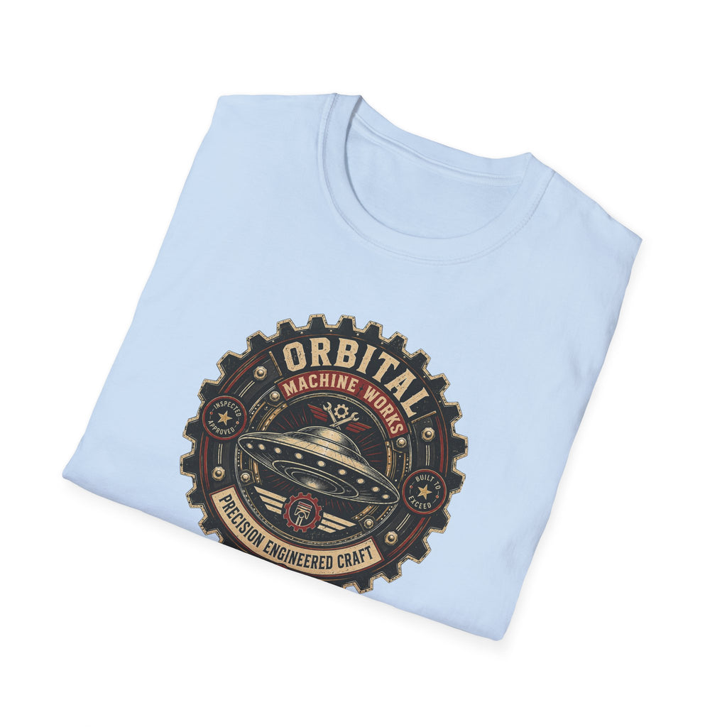 Orbital Machine Works UFO patch t-shirt with riveted saucer in vintage gear wheel emblem, folded, light blue