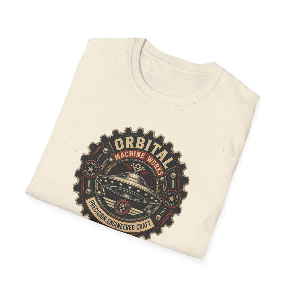 Orbital Machine Works UFO patch t-shirt with riveted saucer in vintage gear wheel emblem, folded, natural