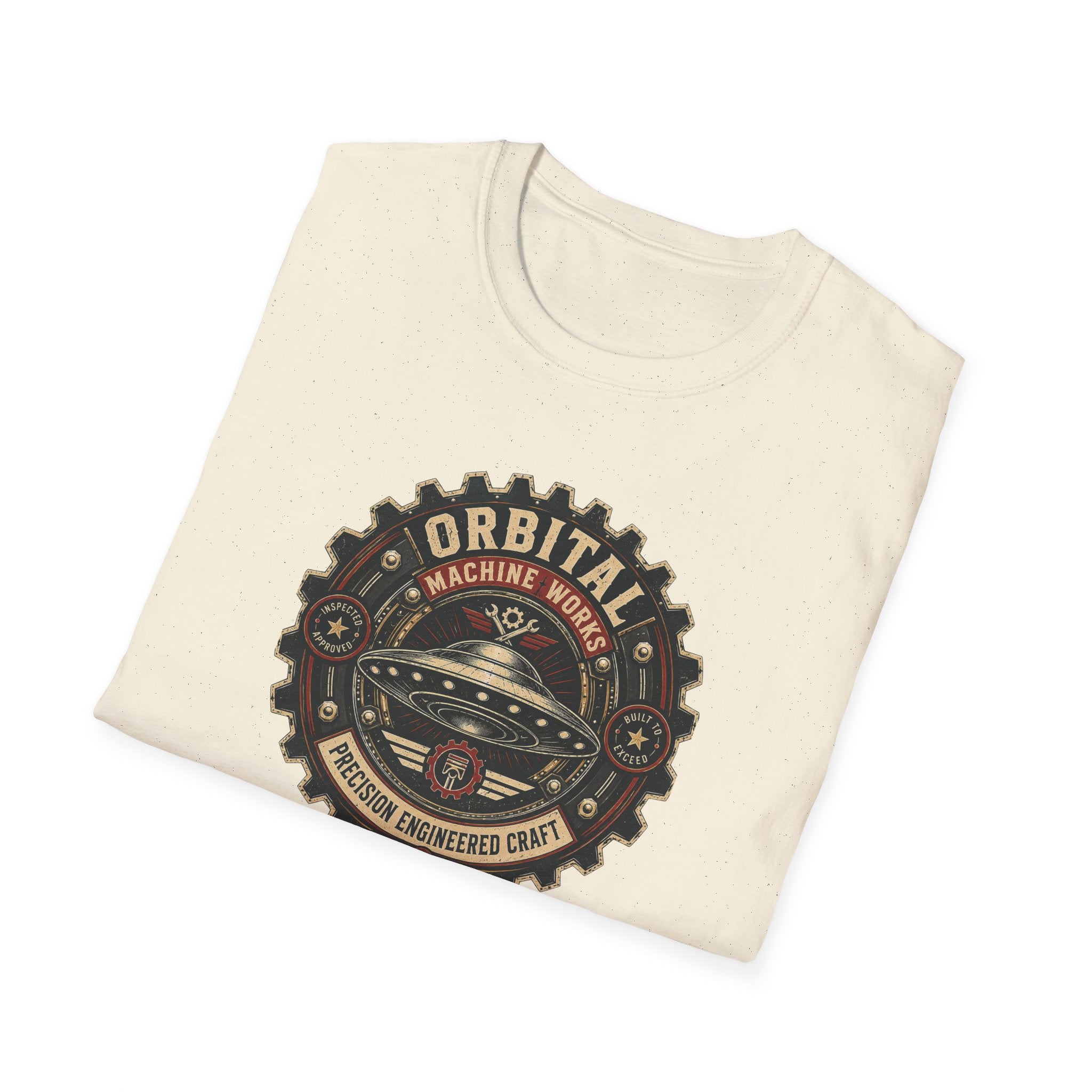 Orbital Machine Works UFO patch t-shirt with riveted saucer in vintage gear wheel emblem, folded, natural