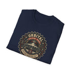 Orbital Machine Works UFO patch t-shirt with riveted saucer in vintage gear wheel emblem, folded, navy blue