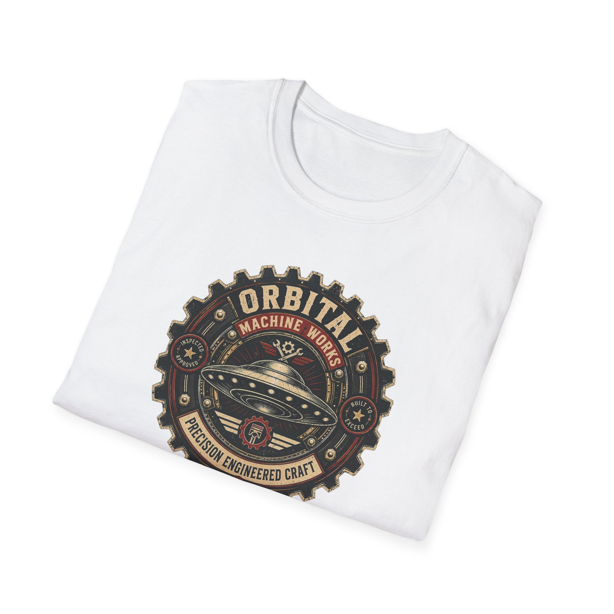 Orbital Machine Works UFO patch t-shirt with riveted saucer in vintage gear wheel emblem, folded, white