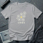 Orbs UFO t-shirt, seven ring-and-dot circles in a rosette pattern with one solid gold orb, above bold ORBS text, grey