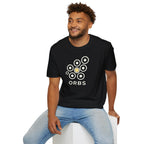 Orbs UFO t-shirt, seven ring-and-dot circles in a rosette pattern with one solid gold orb, above bold ORBS text, black