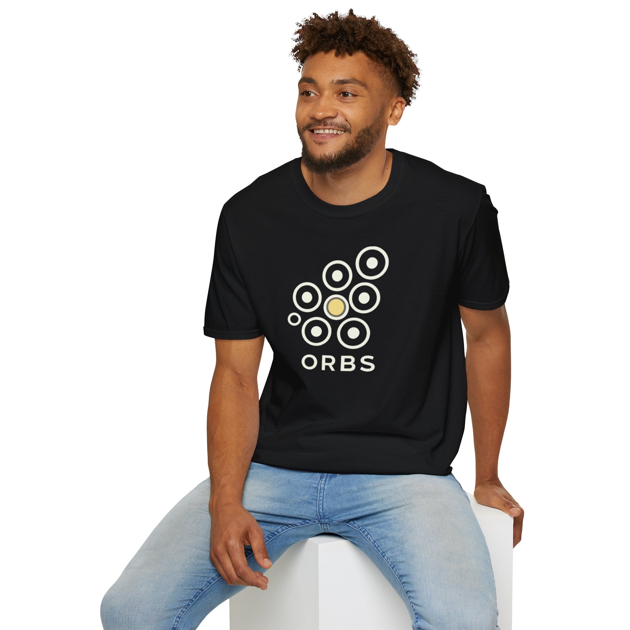 Orbs UFO t-shirt, seven ring-and-dot circles in a rosette pattern with one solid gold orb, above bold ORBS text, black