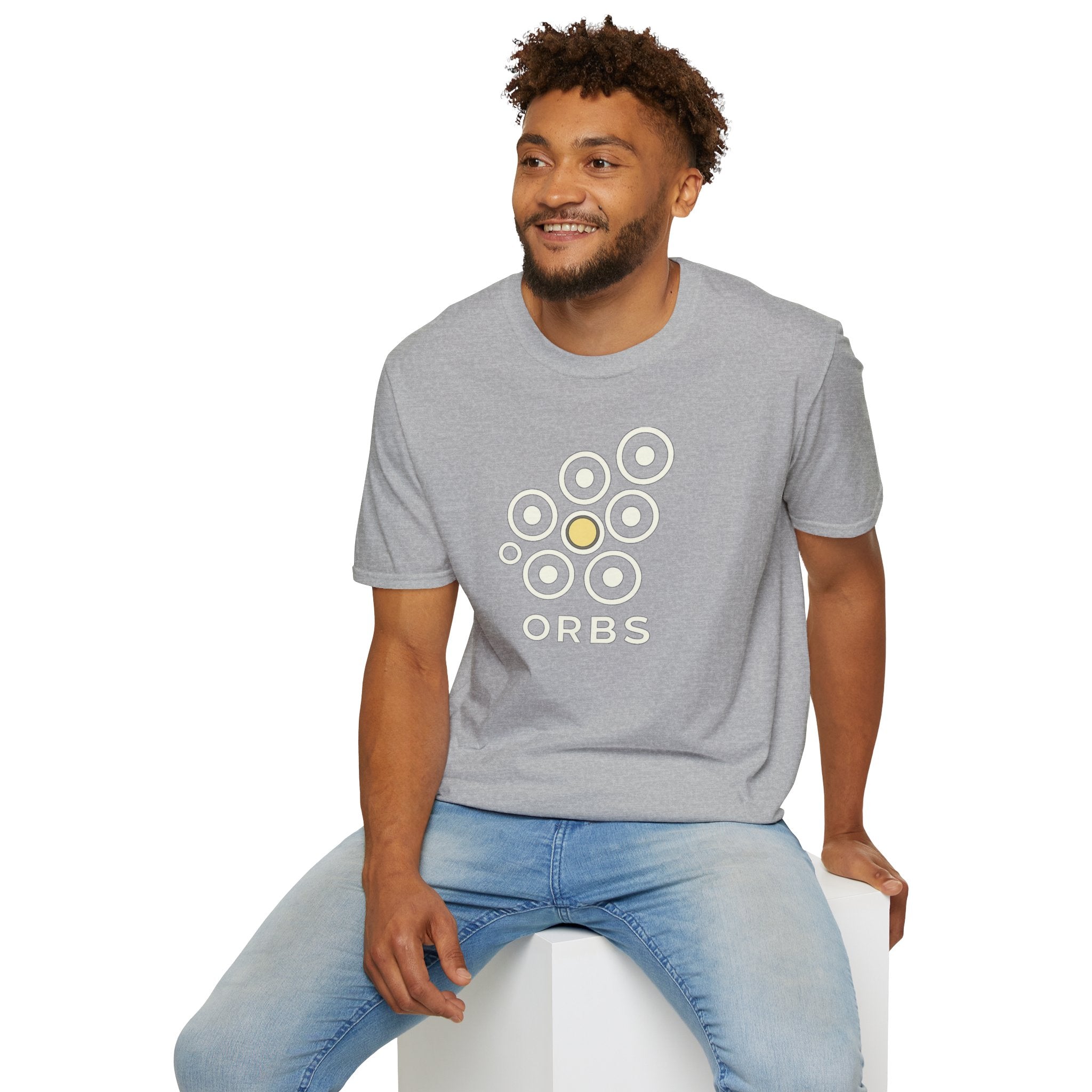 Orbs UFO t-shirt, seven ring-and-dot circles in a rosette pattern with one solid gold orb, above bold ORBS text, grey