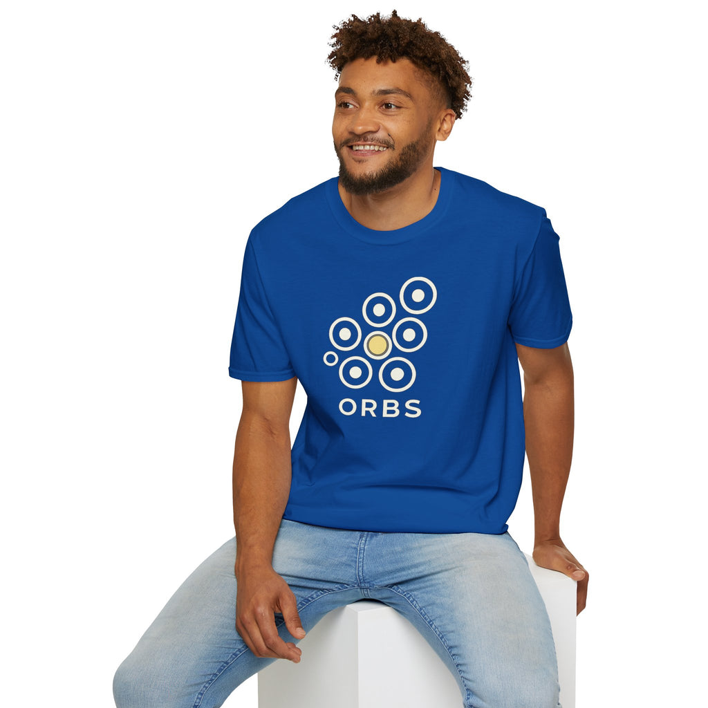 Orbs UFO t-shirt, seven ring-and-dot circles in a rosette pattern with one solid gold orb, above bold ORBS text, royal blue