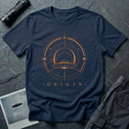 Navy blue UFO t-shirt with a flying saucer emerging from concentric circular rings in copper with the word ORIGIN beneath