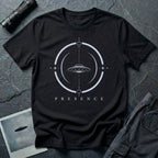 Black UFO t-shirt with a flying saucer inside a broken circular frame with the word PRESENCE beneath
