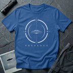 Royal blue UFO t-shirt with a flying saucer inside a broken circular frame with the word PRESENCE beneath