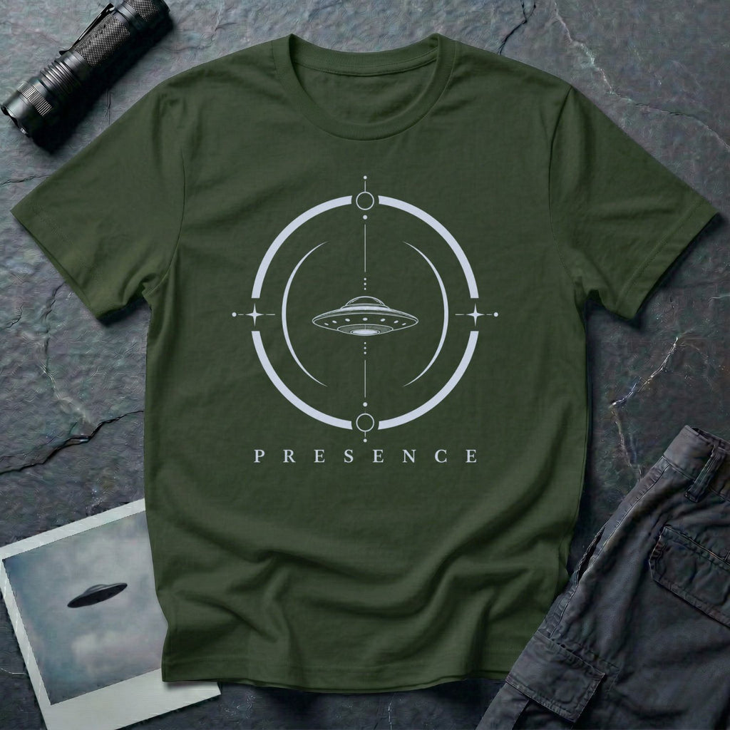 Military green UFO t-shirt with a flying saucer inside circular frame in brown with the word PRESENCE beneath
