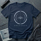 Navy blue UFO t-shirt with a flying saucer inside a broken circular frame with the word PRESENCE beneath