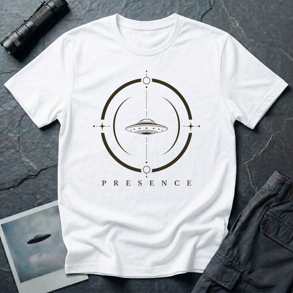 White UFO t-shirt with a flying saucer inside a broken circular frame with the word PRESENCE beneath