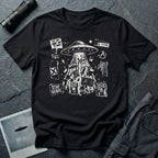 Punk fanzine black UFO t-shirt with saucer tractor beam, anarchist symbols, and question everything slogans