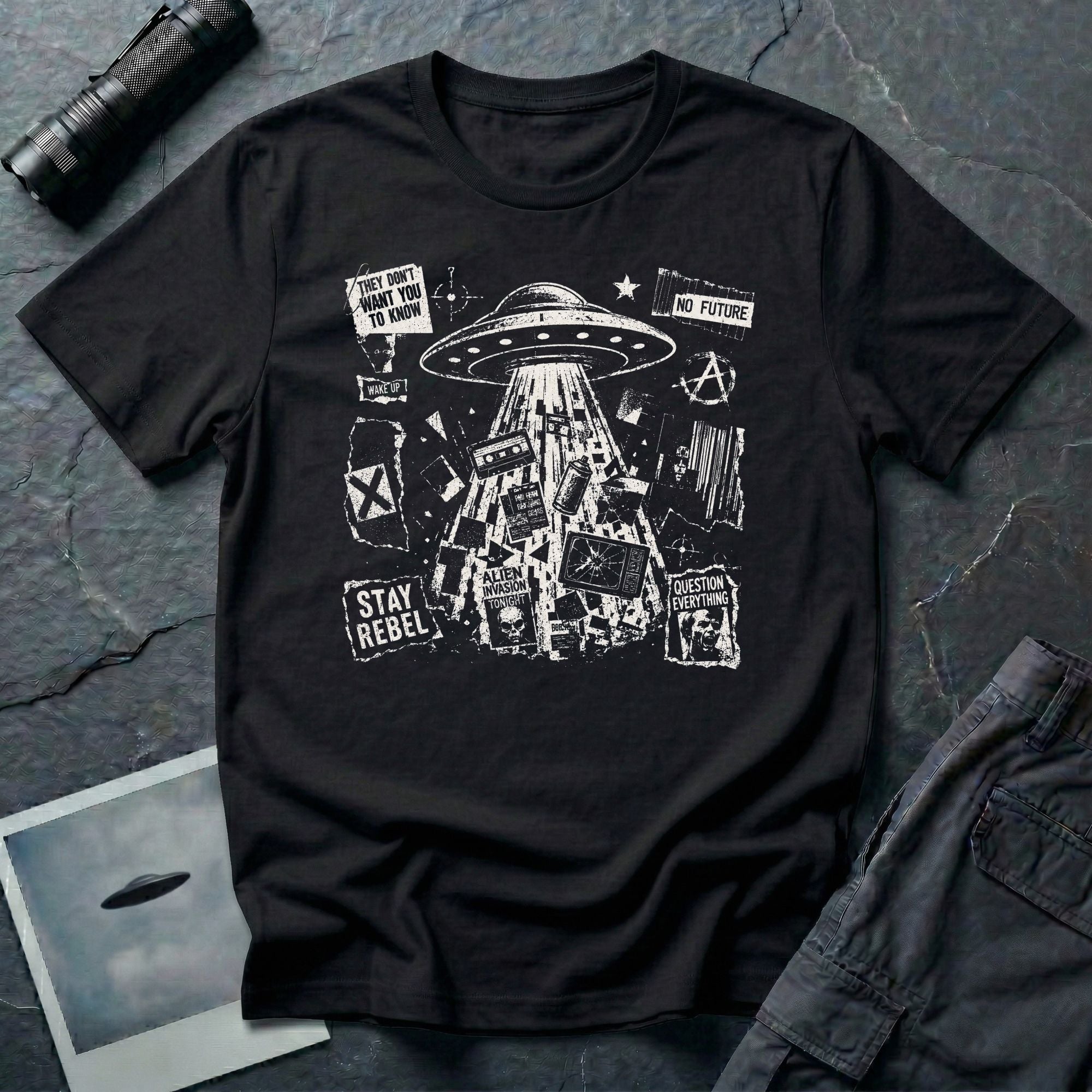 Punk fanzine black UFO t-shirt with saucer tractor beam, anarchist symbols, and question everything slogans