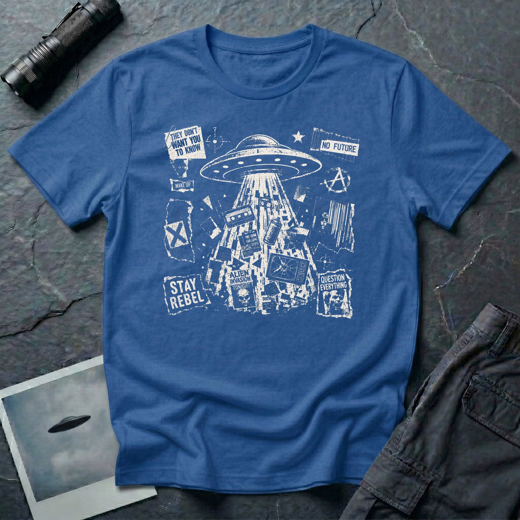 Punk fanzine UFO blue t-shirt with saucer tractor beam, anarchist symbols, and question everything slogans