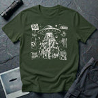 Punk fanzine green UFO t-shirt with saucer tractor beam, anarchist symbols, and question everything slogans