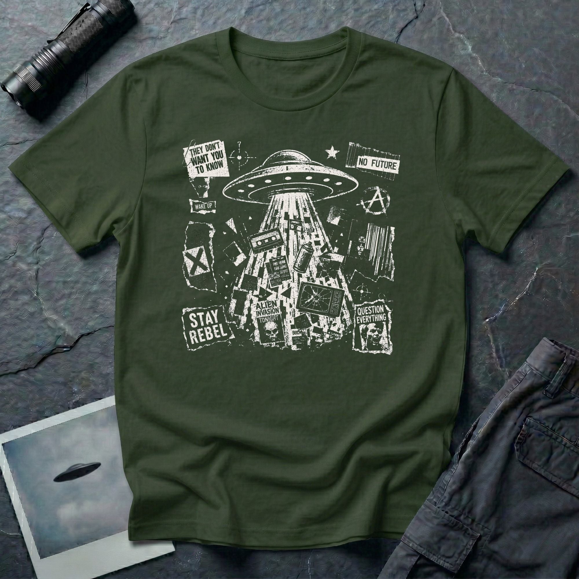 Punk fanzine green UFO t-shirt with saucer tractor beam, anarchist symbols, and question everything slogans