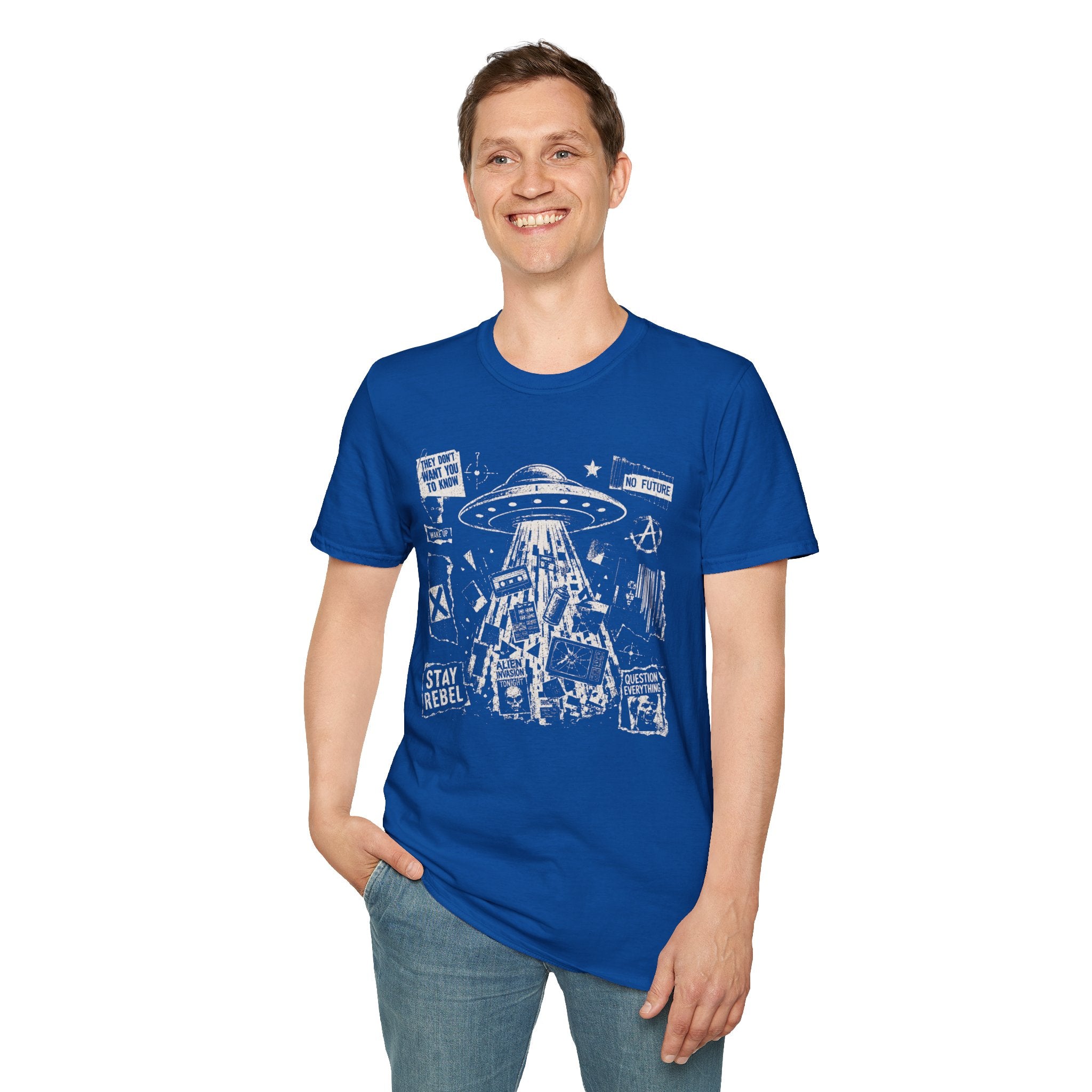 Main in punk fanzine UFO blue t-shirt with saucer tractor beam, anarchist symbols, and question everything slogans
