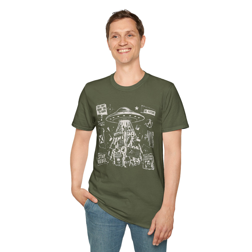 Man in punk fanzine green UFO t-shirt with saucer tractor beam, anarchist symbols, and question everything slogans